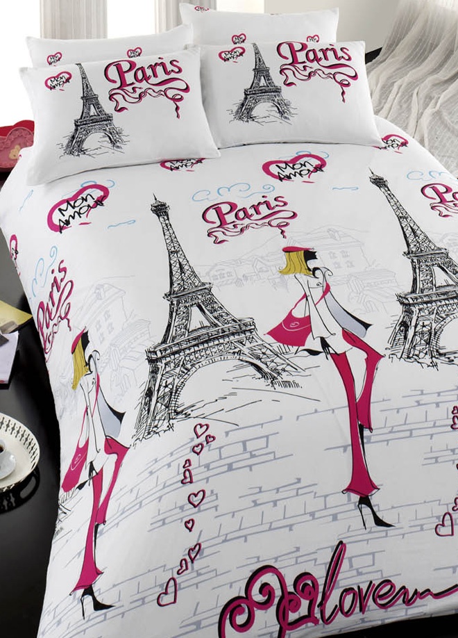 Mon Amour Paris Eiffel Theme 4 Pieces King Size Duvet Cover Sheet